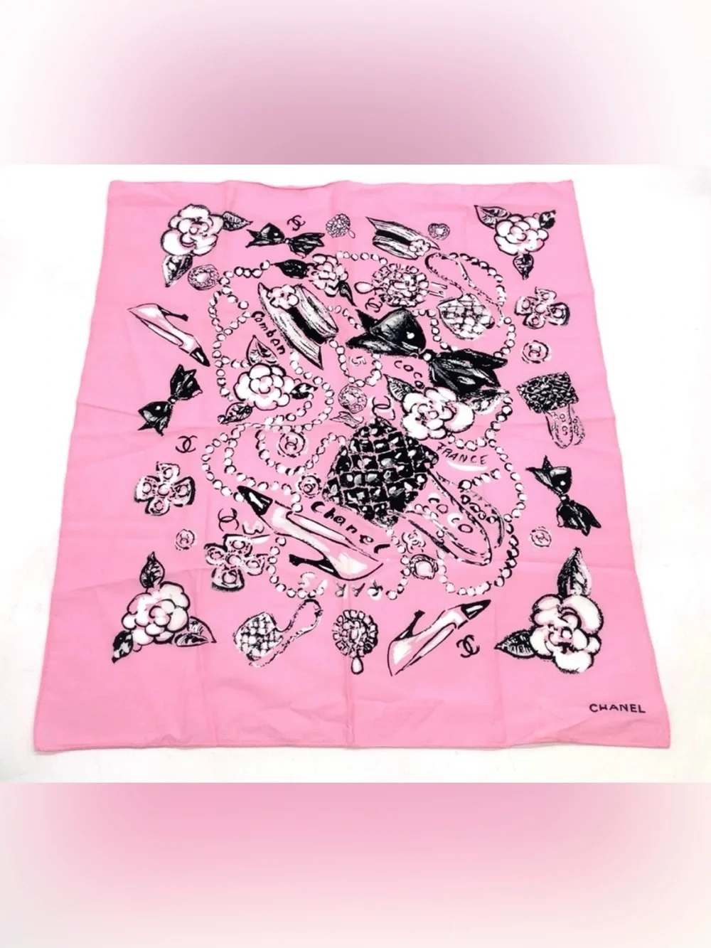 CHANEL 93P Pink Cotton Scarf Camellia Pearls Bows Classic Flap Bag Sketch Motifs